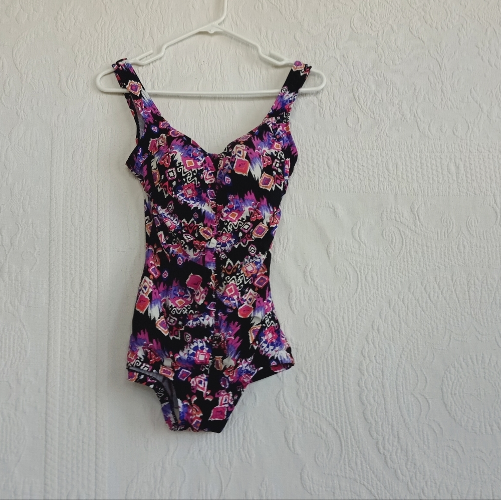 Purple Tribal Print Swimsuit Tummy Control Ruched Padded Cup Modest Medium - Picture 14 of 14